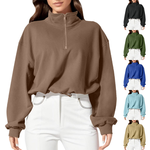 Sweat-shirt surdimensionné à demi-fermeture éclair pour femmes de haute qualité avec pull à col montant Logo avant de couleur contrastée pour le printemps à bas prix - Product Image 3