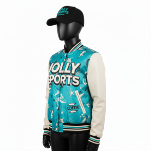 <b>Women</b> Varsity <b>Jacket</b> High Quality Polyester Fabric Teal Body White Sleeve Panels Custom <b>Heat</b> Transfer Logo <b>Women</b> Varsity <b>Jackets</b> - Product Image 4