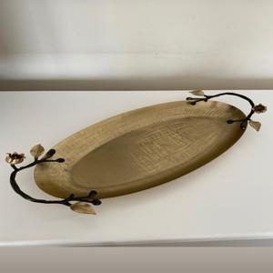 Plateau ovale en métal au design moderne, avec poignée en forme de feuille noire, pour la maison et la cuisine, à prix abordable, plateau à salade en métal - Product Image 1