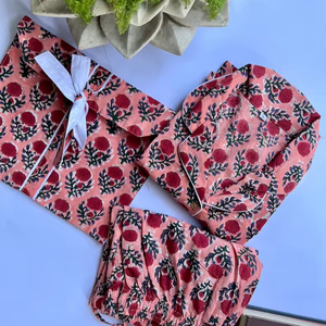 Pijama floral rosa con estampado de bloques de algodón puro para mujer, Conjunto de pijama de algodón 100% con estampado indio, regalo único del Día de San Valentín para ella - Product Image 1