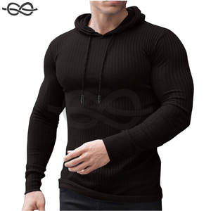 Sudaderas con capucha musculares para hombre, camisa de gimnasio acanalada ligera de manga larga elástica, Sudadera con capucha ajustada, entrenamiento físico - Product Image 3