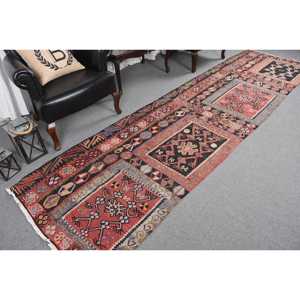 Vintage Rug, 3.2x11.9 ft <b>Runner</b> Turkish Rug, Kilim <b>Red</b> Black Ombr Rug - Product Image 5