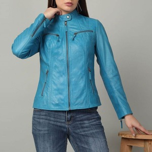 Veste universitaire en cuir de mouton véritable personnalisée pour femmes motif solide matelassé manches longues poche zippée teint uni automne - Product Image 1
