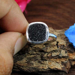 92.5 <b>Silver</b> Druzy Gemstone <b>Ring</b> Cushion Shape Dainty <b>Statement</b> Fine Jewelry Rhodium Plating Setting Black Druzy Gemstone <b>Ring</b> - Product Image 3