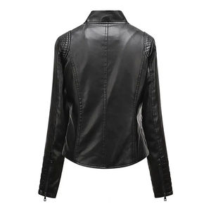 Chaqueta de cuero para mujer, prendas de vestir de otoño, chaqueta de piel sintética ajustada de Color sólido, cuello levantado, bolsillos de manga larga, abrigo de motorista con cremallera - Product Image 5