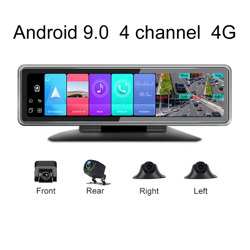 ダッシュボードWiFiAndroid9.0ディスプレイ4チャンネル4Gカー360度カメラミラーダッシュカムとGPSナビゲーションHD720Pビデオレコーダー