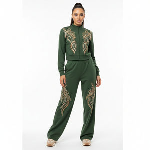 Custom Women's Zip-Up Jacket and Wide Leg Pants Two Piece Embroidered Streetwear Tracksuit Set Casual Sportswear-OEM Wholesale - Product Image 6