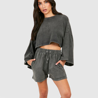 Top qualité personnalisé charbon de bois 2 pièces femmes Petite acide lavage Boxy Crop Shorts et survêtement ensemble femmes survêtement survêtement ensemble