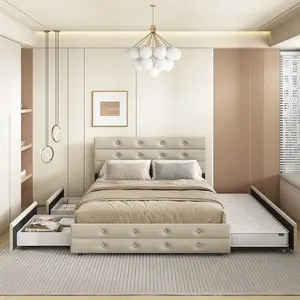 調節可能な収納引き出しとツイントランドル木製張りのモダンなデザインの寝室の家具を備えたウィルスーンクイーンサイズベッド