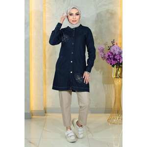 Blusa Casual de Satén y Mezclilla con Cuello Redondo y Manga Casquillo, Logotipo Personalizado, Talla XL, Transpirable, Larga, con Detalle de Piedras y Lazo Frontal con Botones, para Verano - Product Image 5