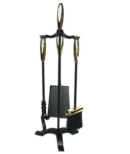 Complete set of decorative brass <b>fire</b> <b>tools</b> with matching base and soft gold tone made for stylish utility and fireplace decor - Product Image 1
