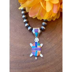 Merle House Turtle Pendant Multi-Stone & Sterling Silver Inlay Featuring Animal Shape & Pattern - Product Image 1