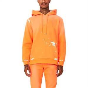 Conjunto de Sudadera con Capucha y Pantalones Deportivos Color Naranja Invernal Personalizado, Diseño de Salpicaduras de Pintura, Sudadera Unisex de Forro Polar, Chándal Informal, 100% Algodón - Product Image 4