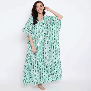 100% algodón cuello redondo cordón cintura media manga verde rayas Batik mano bloque Kaftan largo estilo Casual tela de gasa - Product Image 3