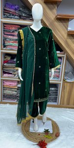 Women's Allover <b>Viscos</b> Velvet Jari Threads Embroidered Butti Lace Half Sleeve Party Salwar Kameez Indian Pakistani Heavy Faux - Product Image 3