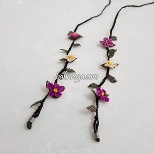 Piezas para anteojos İğne Oyası Çiçek Gözlük İpi Mor-Krem (Siyah Sap) - Product Image 1