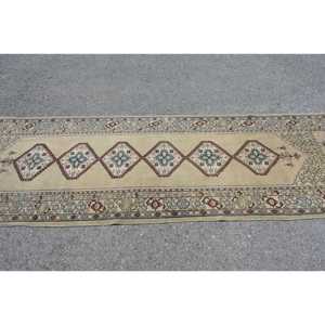 Vintage Rug, 3.5x10.9 ft Turkish Rug, <b>Brown</b> Blue Floral <b>Wool</b> Rug - Product Image 3