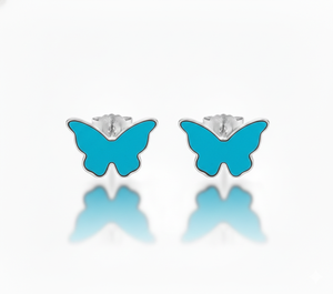 Boucles d'oreilles clous en argent sterling 925 de qualité supérieure, forme papillon turquoise, serti clos, mignonnes et tendance, cadeau unisexe pour mariage et anniversaire - Product Image 1