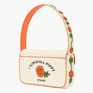 Bolso de hombro color crema para mujer, bordado a mano con flores de amapola y cuentas, con correa decorativa de cuentas y flores naranjas, ideal para regalo. - Product Image 1