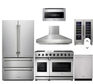 Paquete de 6 Electrodomésticos de Cocina de Acero Inoxidable: Refrigerador con Puertas Francesas, Campana Extractora, Lavavajillas, Microondas - Product Image 2