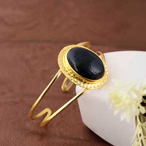 Unique Design <b>Boho</b> Gemstone Bangle Tribal Brass Bangle for Women 18k Gold Plated Oval Stone Cuff Bangle for Wholesale/OEM/ODM - Product Image 4