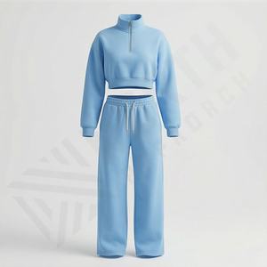 Conjunto de Dos Piezas de Sudadera Corta con Cierre de Cremallera y Logotipo Personalizado, Conjunto de Pantalones Deportivos de Algodón para Mujer, Ropa Deportiva, Atuendo Deportivo - Product Image 1