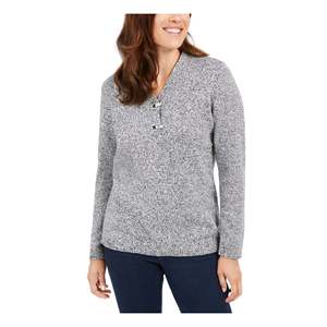 เสื้อสเวตเตอร์แขนยาวคอวีลายริบแต่งประดับตกแต่งสำหรับผู้หญิง แบรนด์ Karen Scott สีดำ-ขาว ไซส์เล็กพิเศษ สำหรับฤดูใบไม้ร่วง - Product Image 1