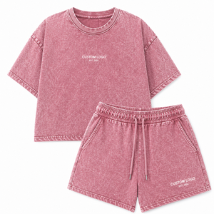 Women's 2 Piece Shorts <b>Set</b> Solid Cotton Casual Loose Fit Crew Neck Short Sleeve Washed Drawstring Knee Streetwear Quick Dry - Product Image 1