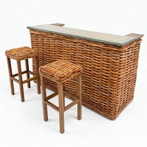 Wholesale Natural Grey Rattan Wicker Wood <b>Bar</b> Counter <b>Table</b> Tempered Glass Top Traditional Design for Commercial Hotel - Product Image 1