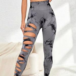 New Cutout Tie-Dye Seamless Yoga Pants Mid Waist All-In-<b>One</b> Fitness Gym Sports Leggings for <b>Girls</b> Made From Spandex - Product Image 2