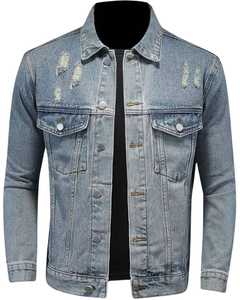 Veste en jean bleu clair délavée pour homme avec fermeture à boutons, vêtement d'extérieur décontracté élégant, coupe ajustée tendance - Product Image 1