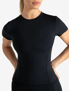 Venta caliente negro mujer gimnasio camiseta elástica de manga corta longitud completa cuello redondo poliéster nueva Casual Yoga entrenamiento camiseta para mujer - Product Image 3