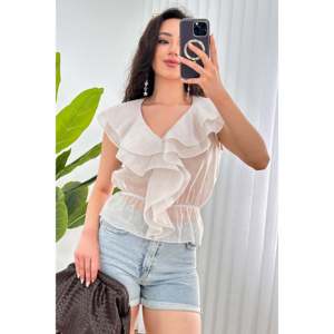 Blusa al por mayor adornada con pedrería y cintura elástica con volantes - Stone - Product Image 4
