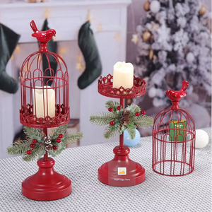 Red Metal Candle Holder Set With <b>Bird</b> <b>Cage</b> Design Table Decor <b>For</b> Christmas Wedding Party Home Restaurant Display Centerpiece - Product Image 2