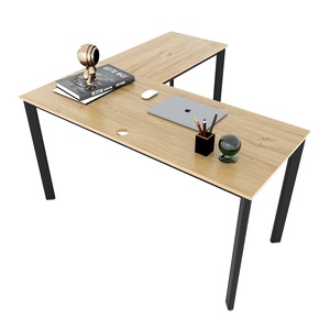 HBOV040 L-Shaped 140x140cm Plywood Wood Computer <b>Table</b> with Oval Iron <b>Legs</b> <b>Foldable</b> Design for Home or Hotel Office Use - Product Image 1