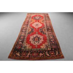 Alfombra de 4,7x11,1 pies, Alfombra Turca Vintage, Alfombra de Lana a Rayas Rojas y Negras - Product Image 1