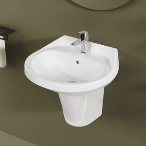 Ensemble de lavabo demi-ovale moderne sur piédestal, facile à nettoyer, style élégant pour salles de bain, bureaux, appartements, écoles, hôpitaux, hôtels, centres commerciaux, villas - Product Image 3