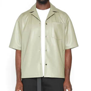 Private Label Pu Leather <b>Shirt</b> Zipper Closure Applique <b>Patchwork</b> Logo Front Pocket Oversize Leather <b>Shirts</b> - Product Image 1