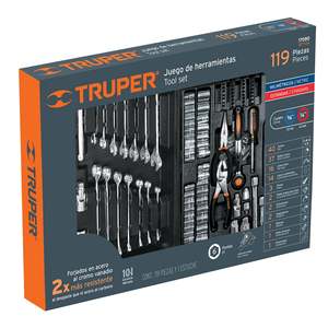 Ensemble d'outils mécaniques mixtes Truper de 119 pièces avec outils en acier au chrome-vanadium, système à cliquet et coffret rigide pour les réparations domestiques - Product Image 1