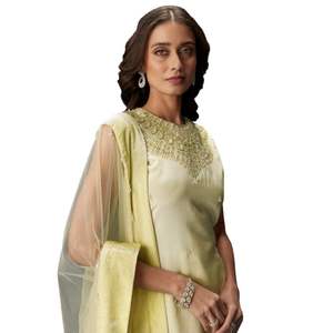 Tuta Palazzo verde Lime con collana ricamata con dettagli per la festa di nozze ospite e abito tradizionale festivo - Product Image 3