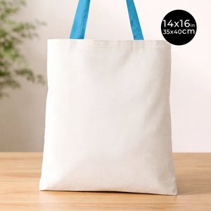 Turquoise Handles Cotton Tote <b>Bag</b> 14x16 in Durable Reusable Plain Cotton <b>Bag</b> with <b>Long</b> Handles for Advertising - Product Image 2