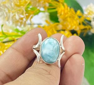 Handmade <b>Boho</b> Natural Larimar Gemstone Women's <b>Silver</b> Statement <b>Ring</b> Oval Cut Diamond Bezel Setting for Weddings - Product Image 2