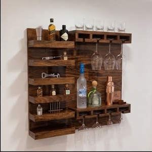 Modern Acacia Wood Wall Mounted <b>Bar</b> Rack With Glass Holders And Bottle <b>Shelves</b> For Home <b>Bar</b> Setup - Product Image 3