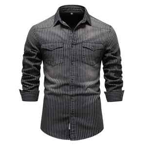 Camisa de mezclilla de alta calidad con efecto envejecido y rayas, estilo denim, para hombre, de manga larga, transpirable y cómoda. - Product Image 6