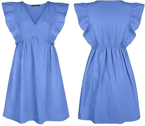 Vestidos Elegantes de Corte Holgado en Azul Claro para Mujer, Cuello en V Profundo, Manga Corta con Volantes, Estilo Casual de Largo Mini con Dobladillo Recto - Product Image 6