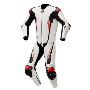 Traje de cuero para motocicleta para hombre, protección para montar en motocicleta, traje de carreras de cuero genuino 100%, Blanco completo con negro rojo de una pieza - Product Image 1