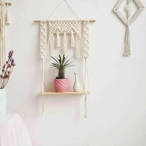 2025 Macrame Hanging Shelves Boho Wall Decor Rustic Wood Floating Shelf Double Tiers for Kitchen & Living Room - Product Image 6