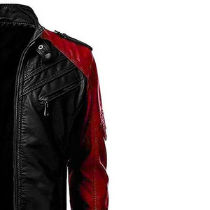 Blouson moto homme en cuir PU rouge et noir à blocs de couleur, col montant, fermeture éclair, coupe ajustée, manches classiques, style automne - Product Image 2