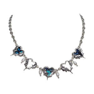 [cocopur] Collar Susurro del Océano Coreano con Dijes de Corazón Azul y Gotas de Perla, Pieza Romántica para un Estilo en Capas de Ensueño - Product Image 1