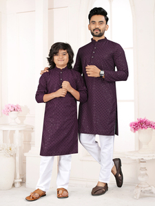 Coton traditionnel rayonne père fils Kurta ensemble riche broderie de paillettes extensible évacuation de l'humidité coupe droite pour les vêtements de fête - Product Image 2